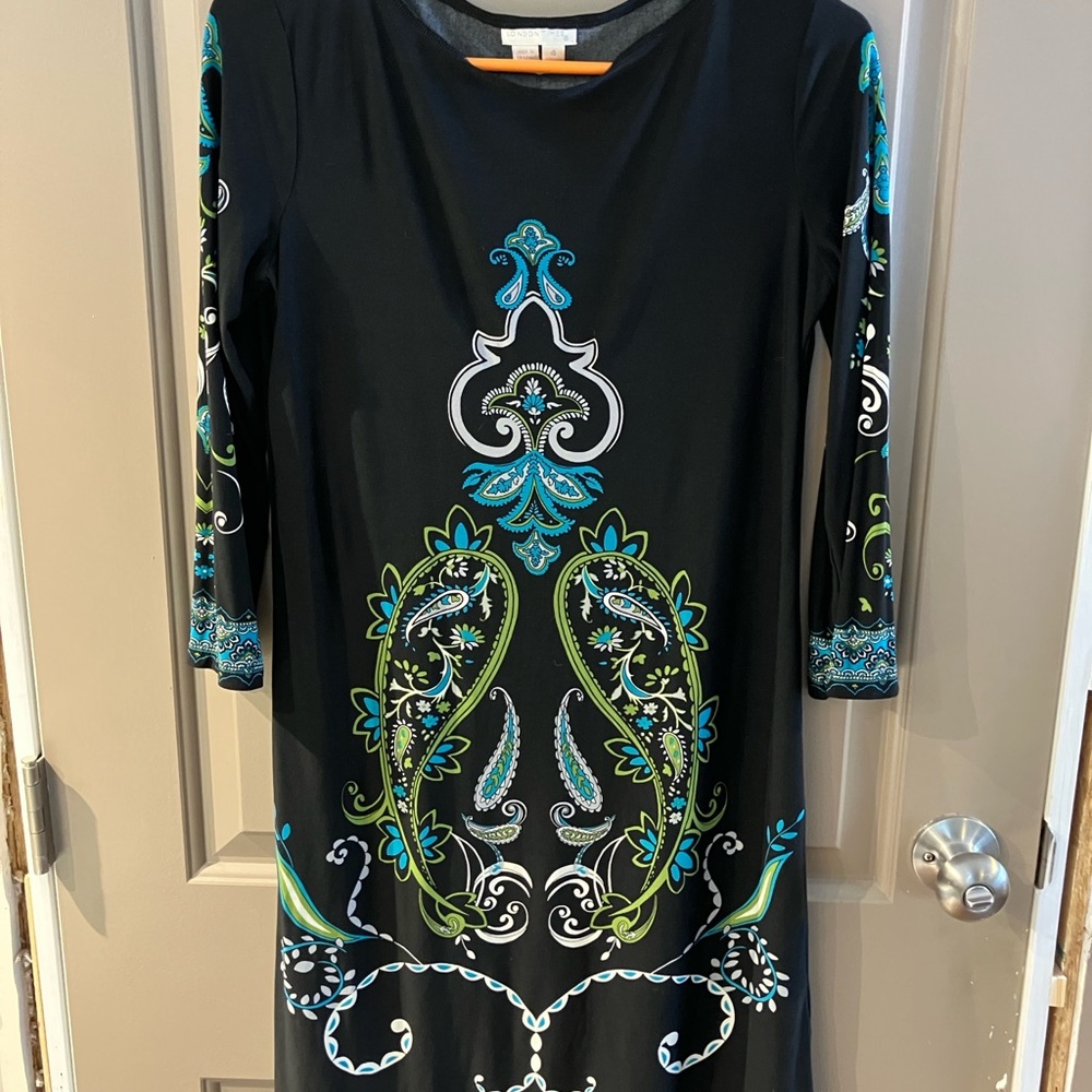 London Times Black and Green Patterned Jersey Dress Size 4